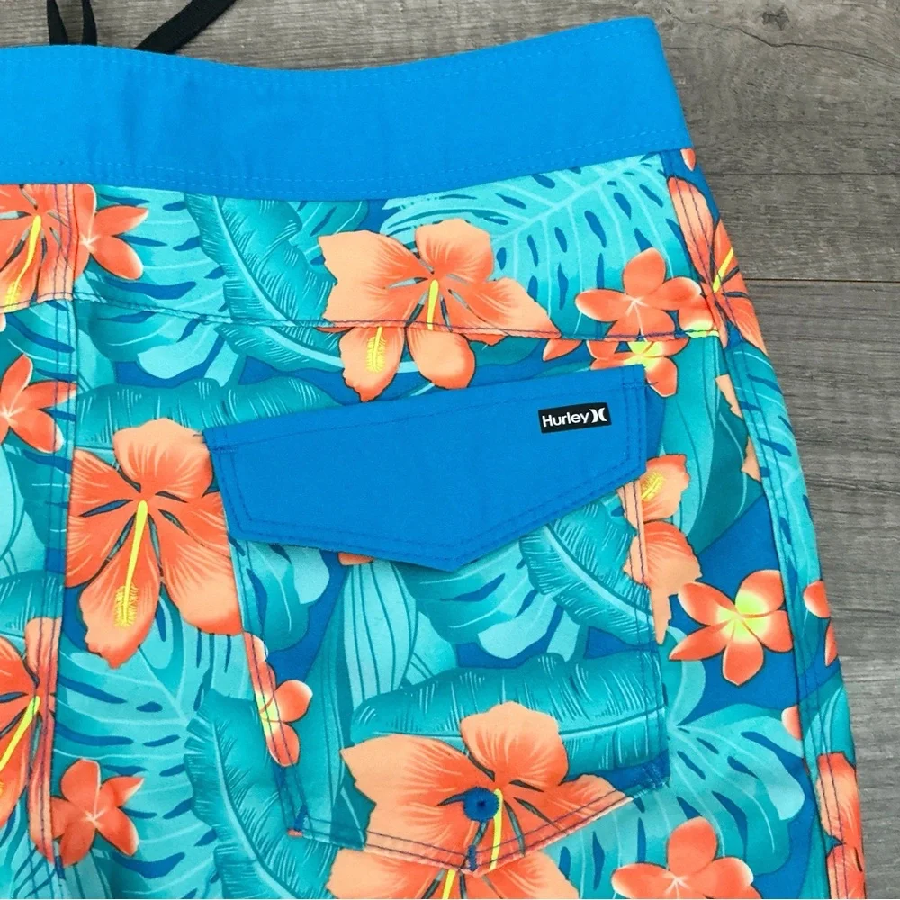 New Hurley Boys Cabana Blue Orange Hibiscus Board Shorts Size 10